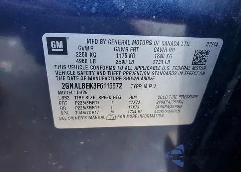 2015 Chevrolet Equinox Lt z USA, uszkodzony, nr VIN 2GNALBEK3F6115572